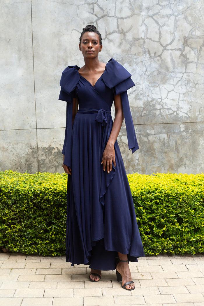 Erre The Bow Sleeve Wrap Dress - Navy