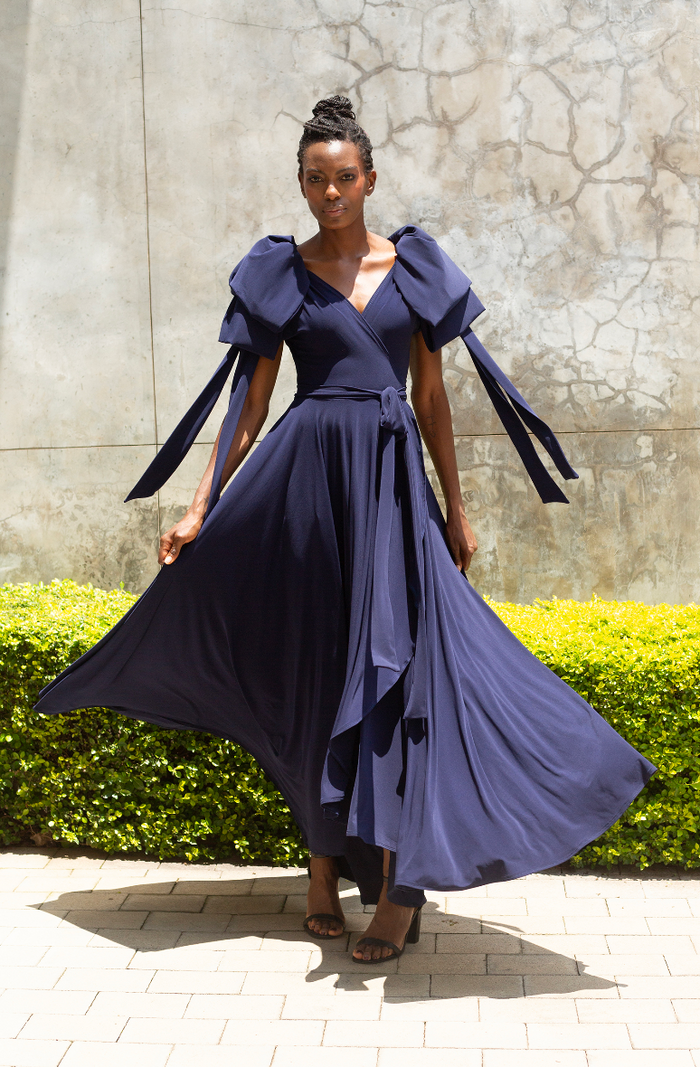 erre The Bow Sleeve Wrap Dress - Navy