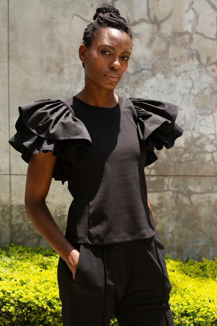 Erre The Cotton Ruffle Sleeve Top - Black