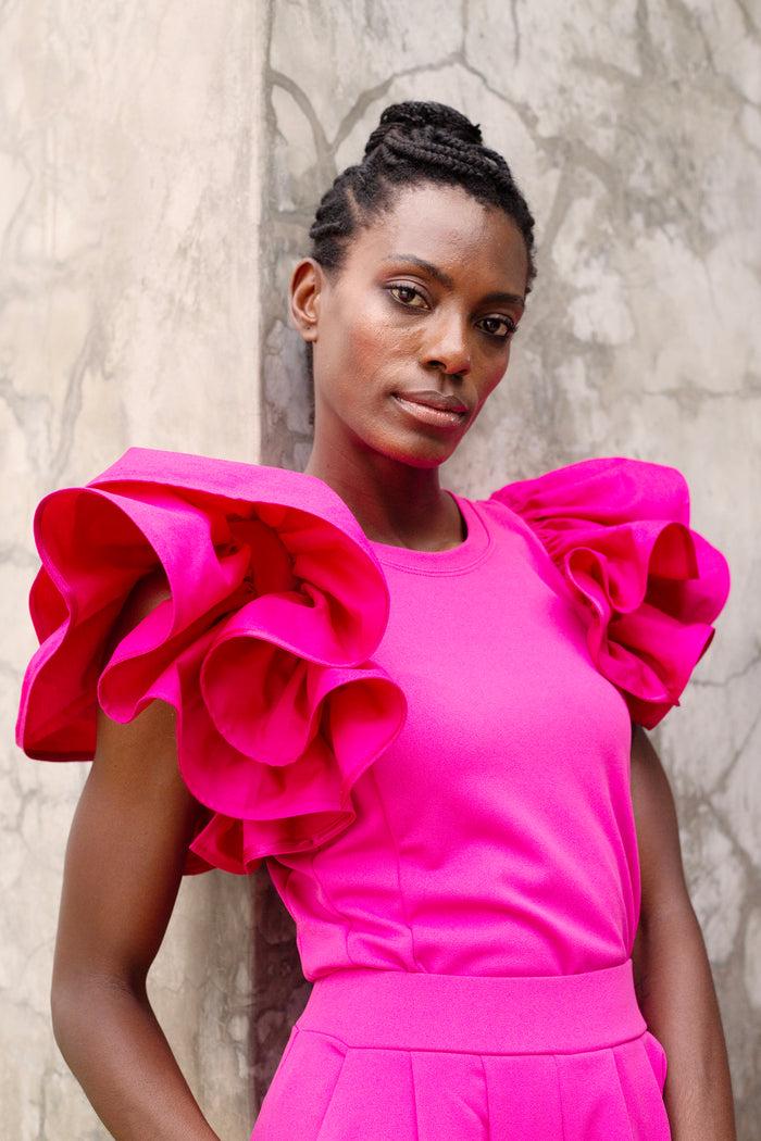 erre The Cotton Ruffle Sleeve Top - Hot Pink