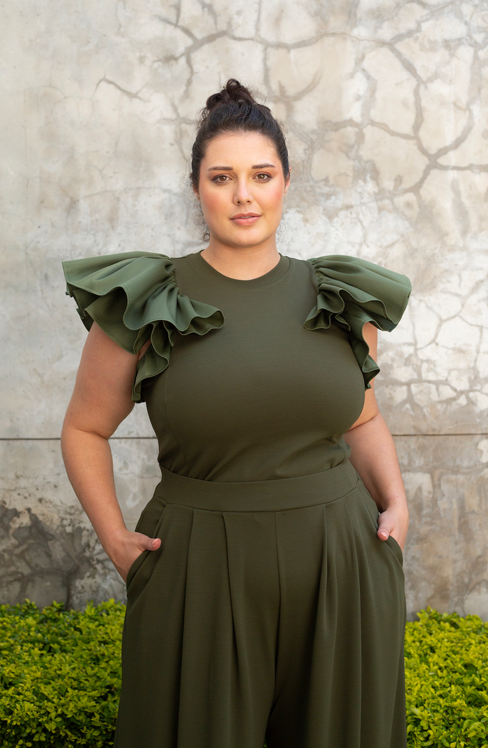 erre The Cotton Ruffle Sleeve Top - Olive
