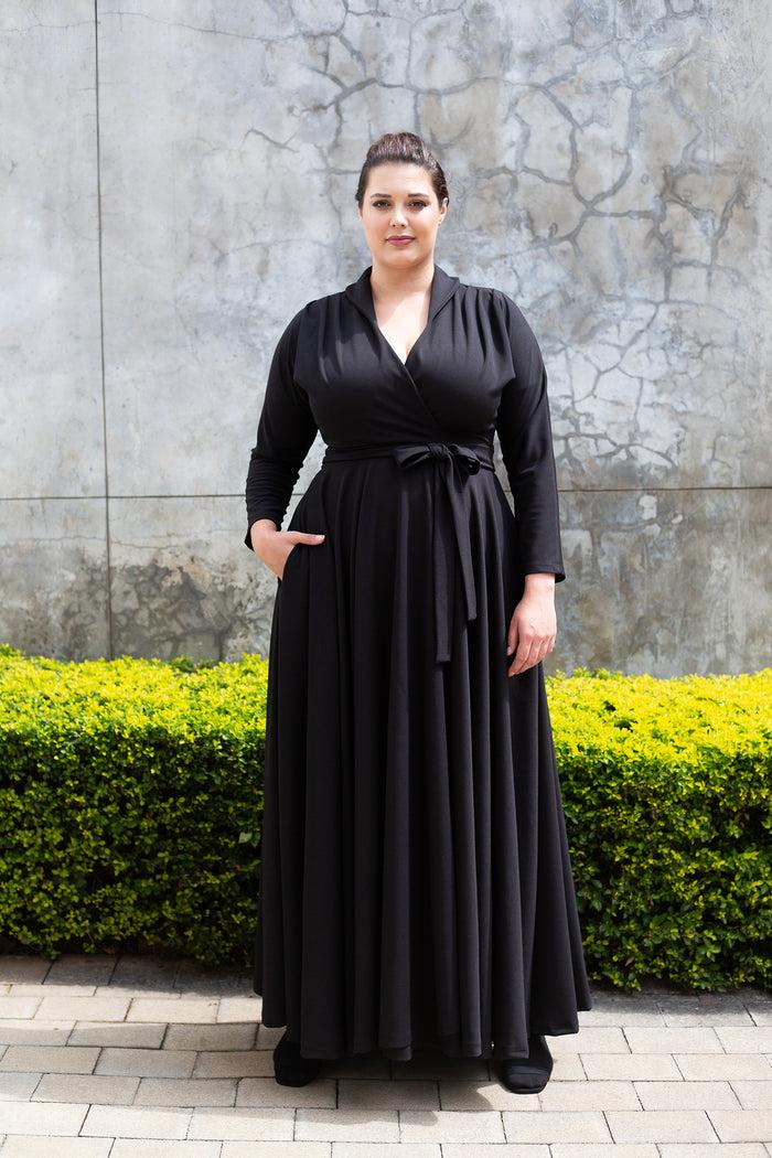 erre The Fold Wrap Dress Maxi Long Sleeves- Black