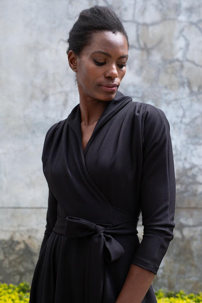 Erre The Fold Wrap Dress Midi 3/4 Sleeve- Black