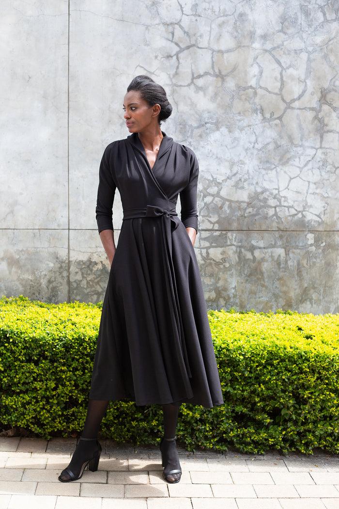 Erre The Fold Wrap Dress Midi 3/4 Sleeve- Black