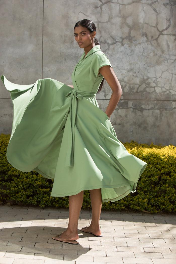 erre The Fold Wrap Dress Midi Mint Green