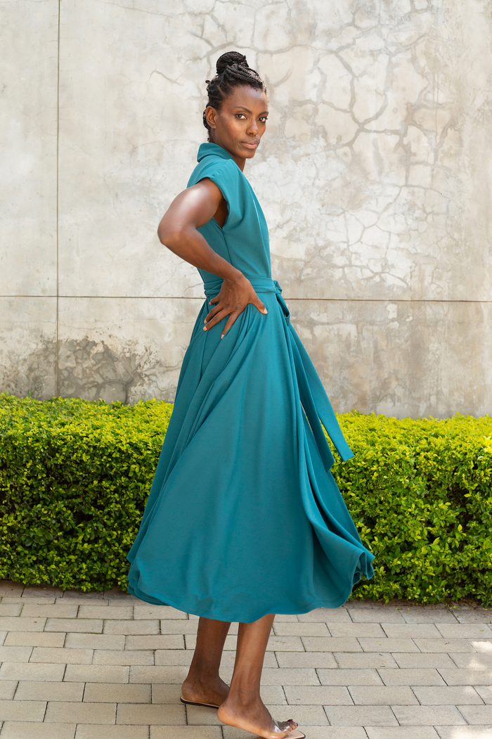 erre The Fold Wrap Dress Midi Morrocan Blue