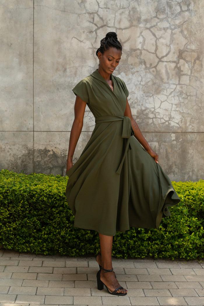 Erre The Fold Wrap Dress Midi Olive