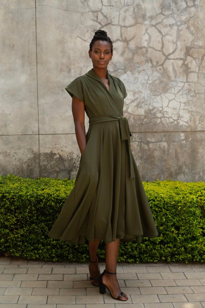 Erre The Fold Wrap Dress Midi Olive