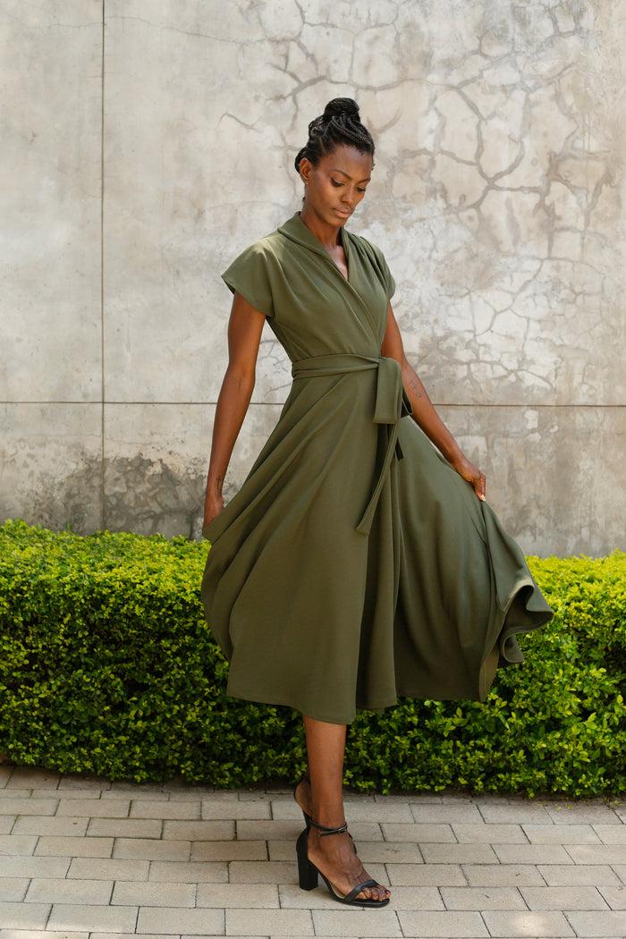 erre The Fold Wrap Dress Midi Olive