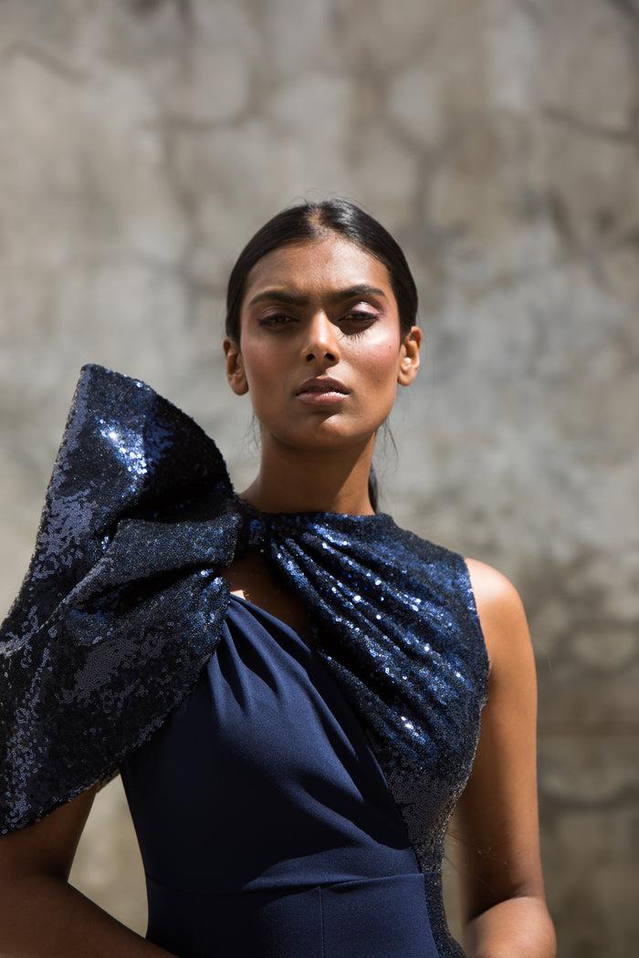 Erre The One Shoulder Bow Dress Navy