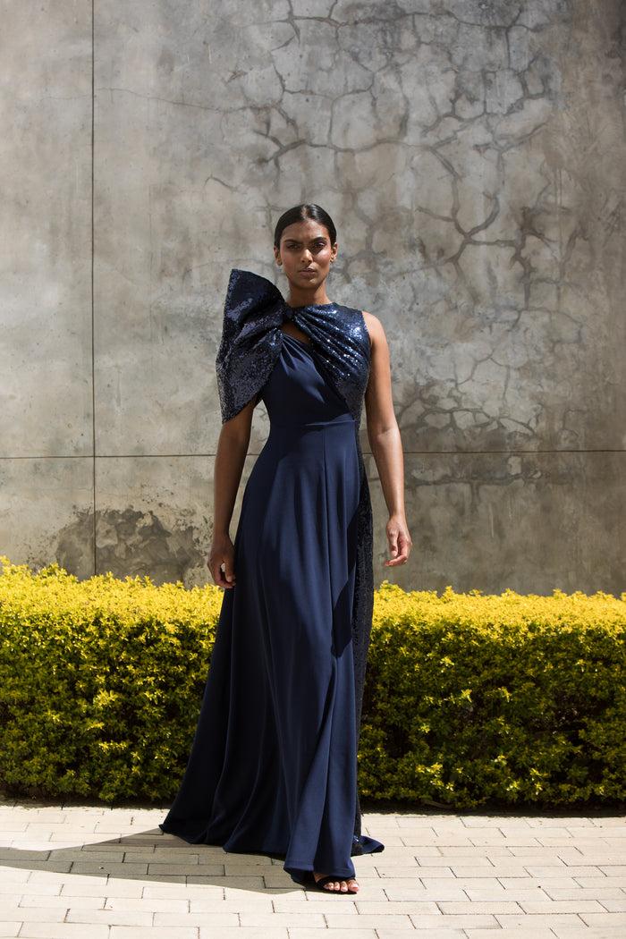 Erre The One Shoulder Bow Dress Navy