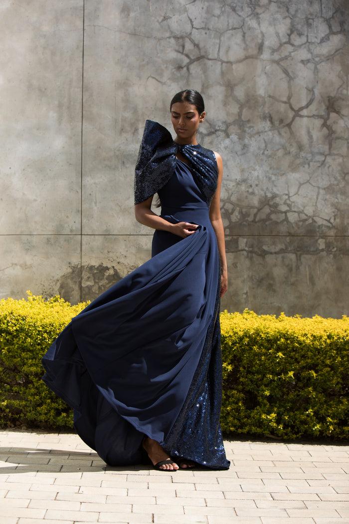 erre The One Shoulder Bow Dress Navy