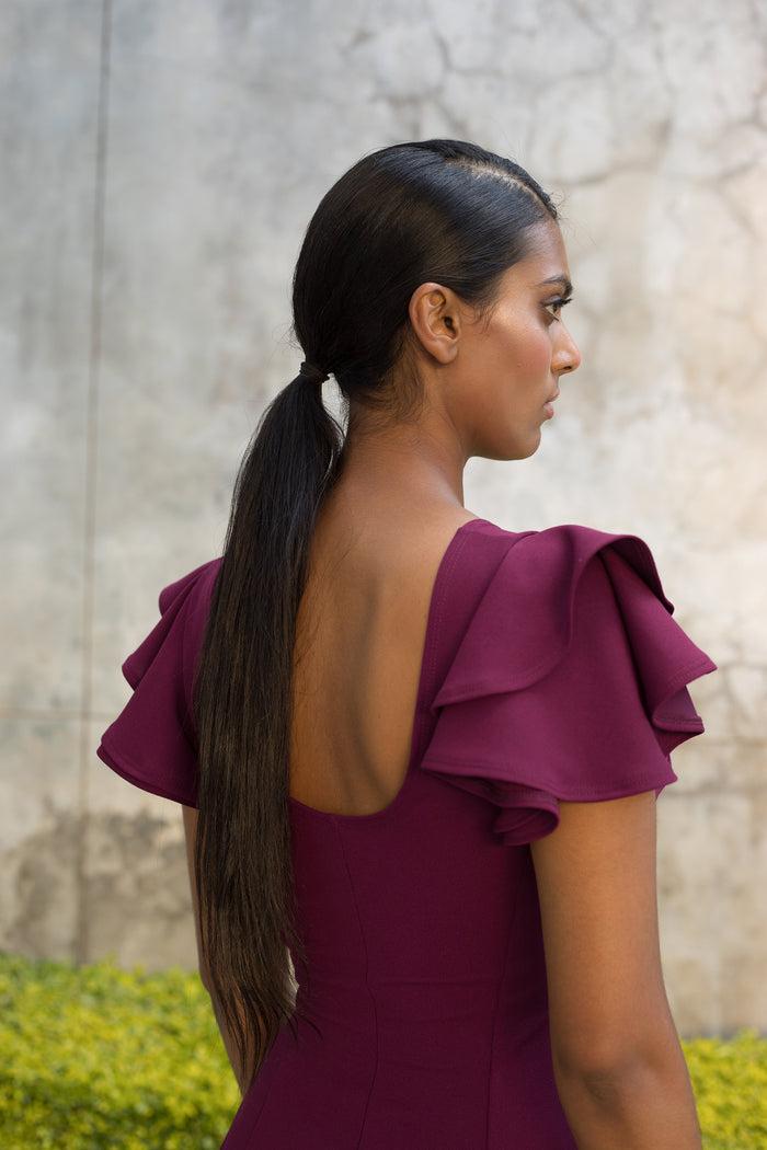 Erre Grape Flutter Sleeve Fit And Flare Dress - Midi Length