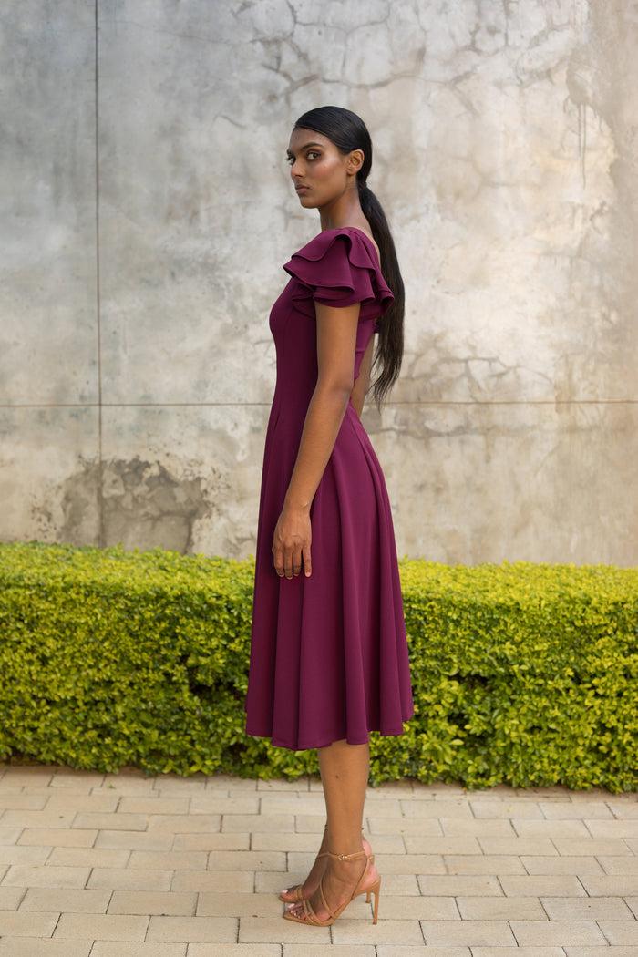 Erre Grape Flutter Sleeve Fit And Flare Dress - Midi Length