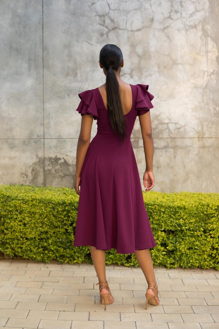 Erre Grape Flutter Sleeve Fit And Flare Dress - Midi Length