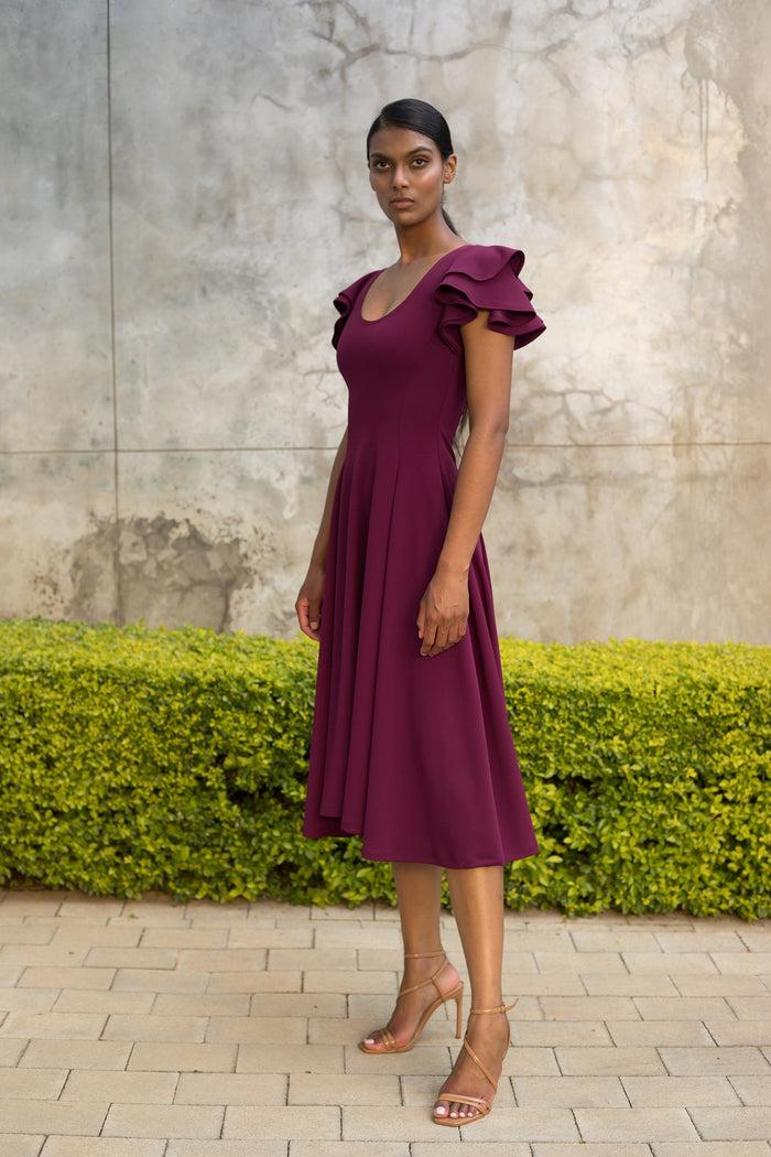 erre Grape Flutter Sleeve Fit and Flare Dress - Midi length
