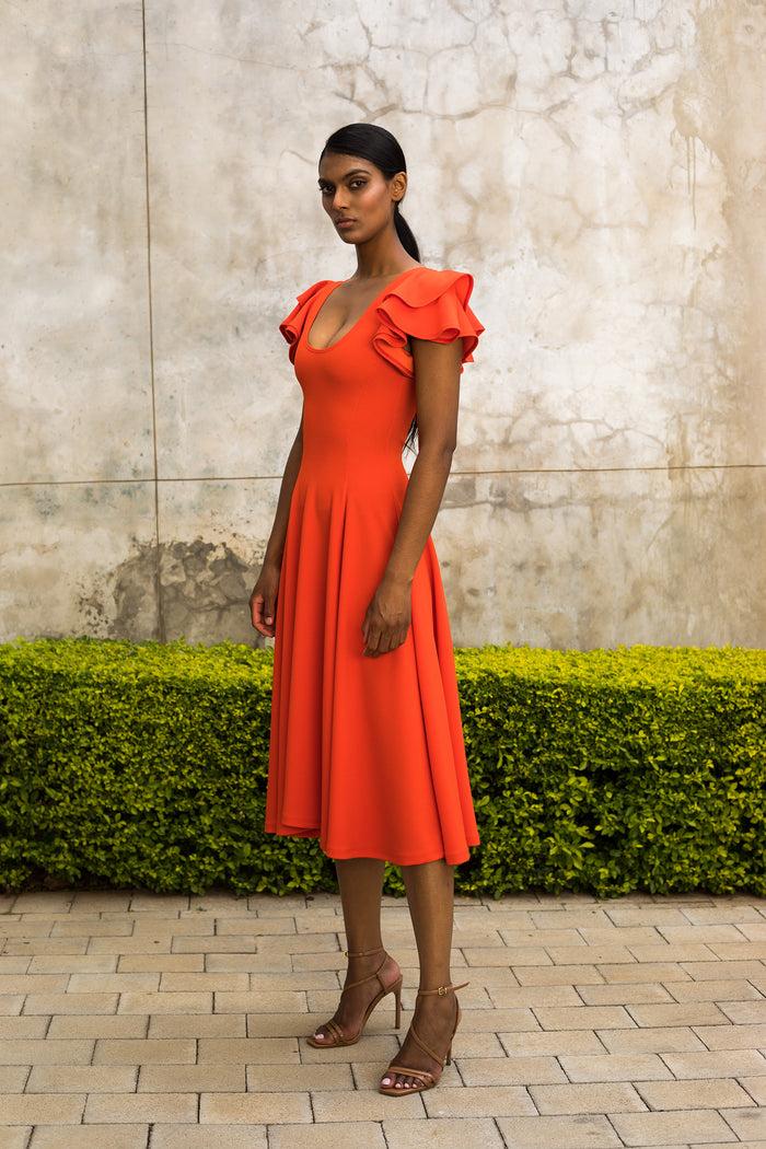Erre Orange Flutter Sleeve Fit And Flare Dress - Midi Length