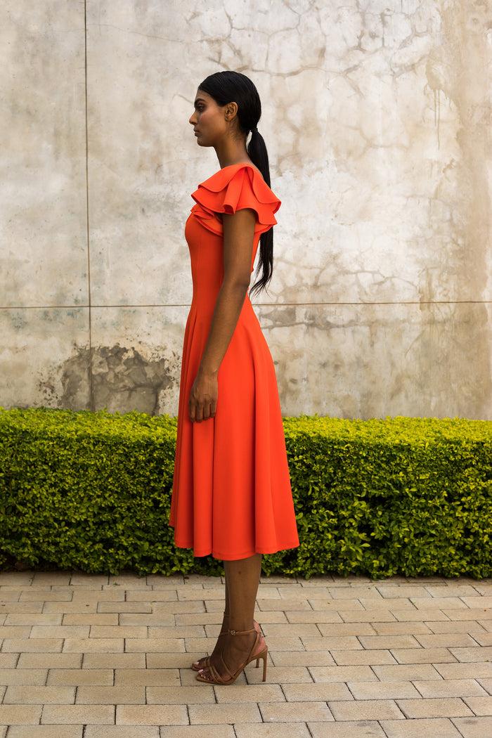 Erre Orange Flutter Sleeve Fit And Flare Dress - Midi Length