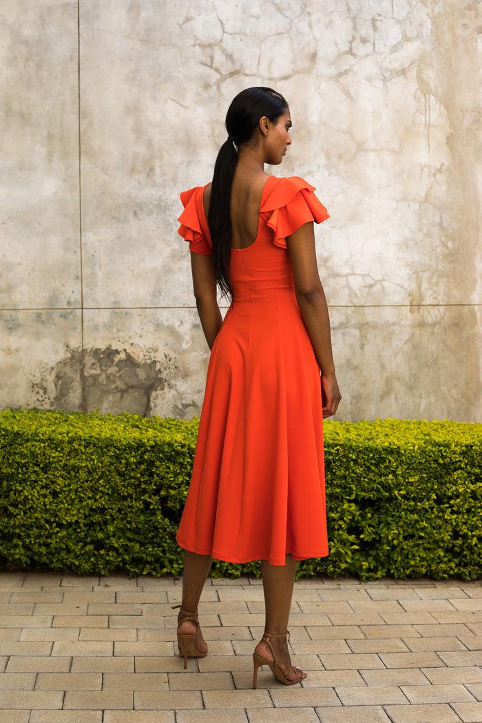 Erre Orange Flutter Sleeve Fit And Flare Dress - Midi Length