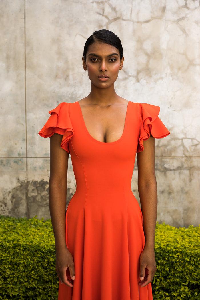 erre Orange Flutter Sleeve Fit and Flare Dress - Midi length