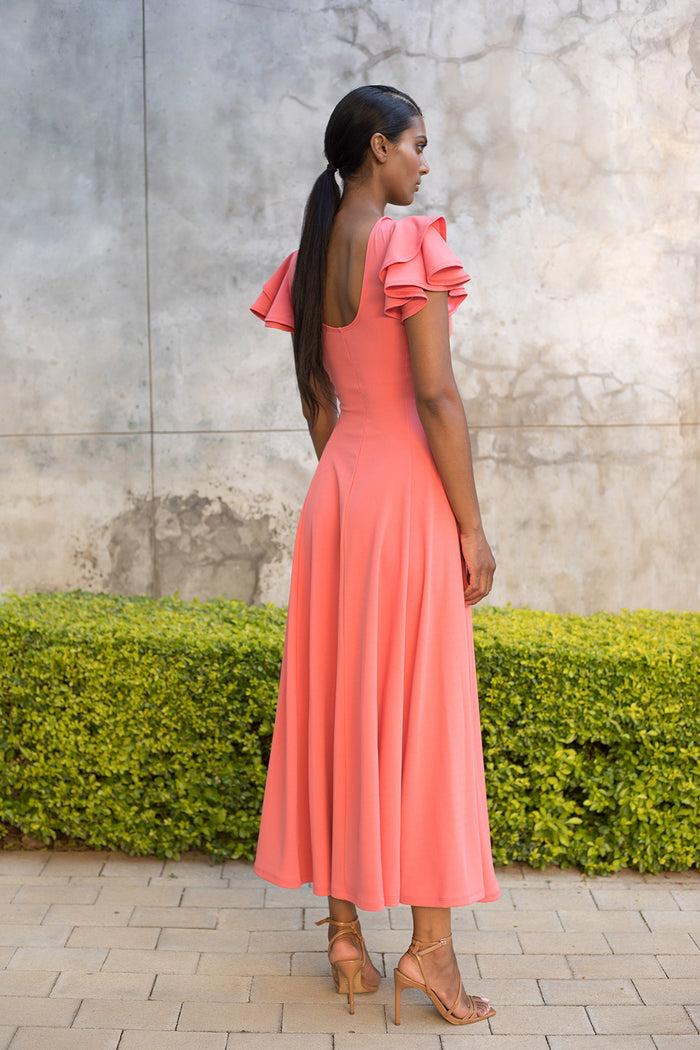 Erre Rose Quartz Flutter Sleeve Fit And Flare Dress - Ankle Length