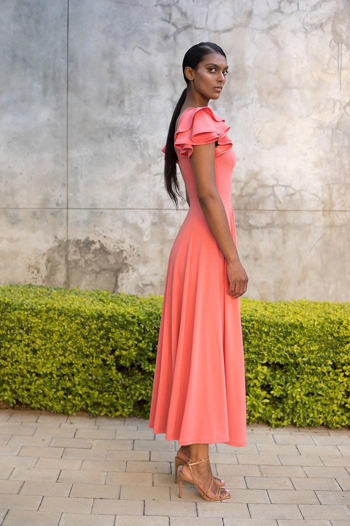 Erre Rose Quartz Flutter Sleeve Fit And Flare Dress - Ankle Length