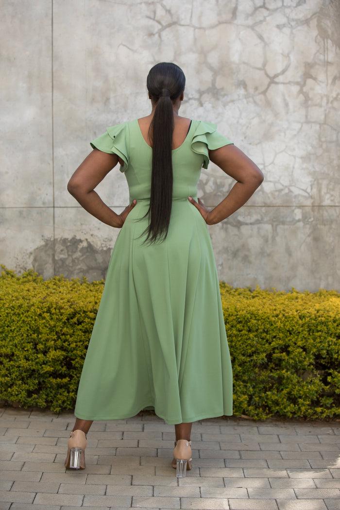 Erre The Flutter Sleeve Fit And Flare Dress Mint Green - Ankle Length