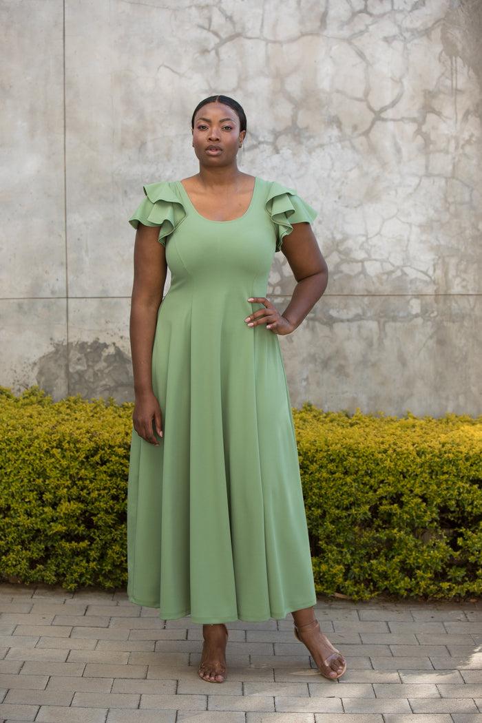 erre The Flutter Sleeve Fit and Flare Dress Mint Green - Ankle Length