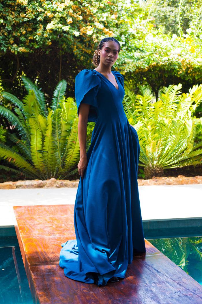 Erre Winter 2022 - Look 10 Tulip Cape Sleeve Evening Dress