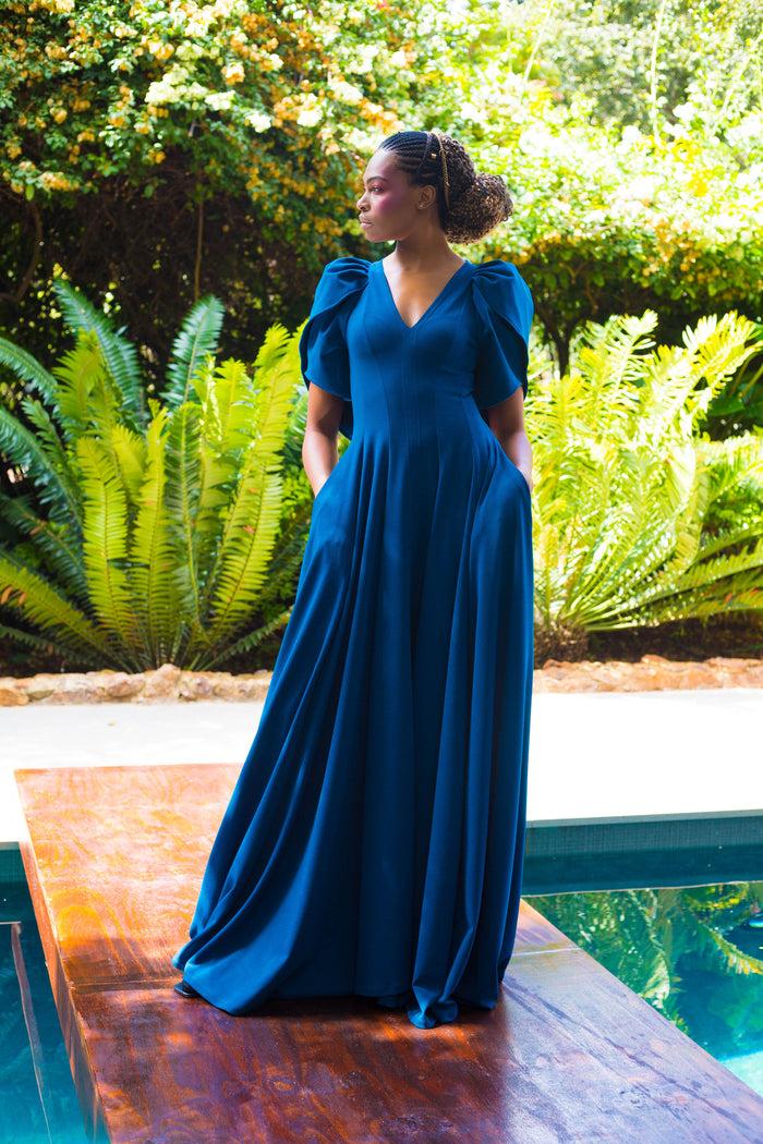 erre Winter 2022 - Look 10 Tulip Cape Sleeve Evening Dress