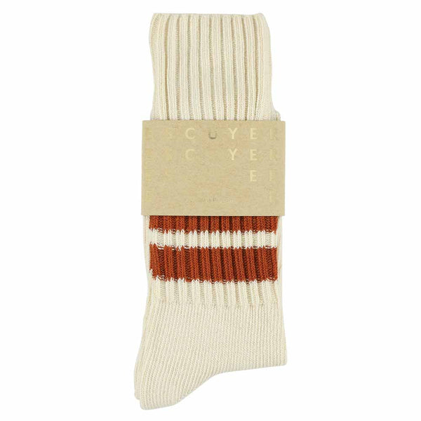 Escuyer Stripes Crew Socks - Ecru / Brick