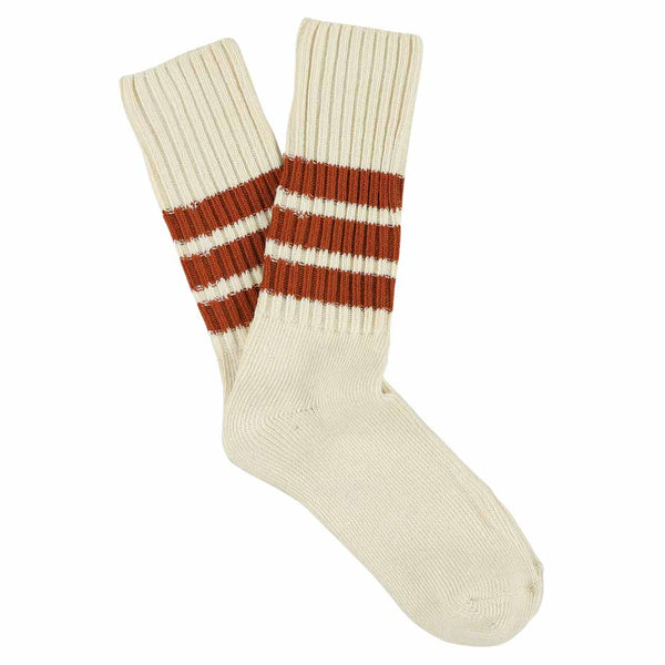 Escuyer Stripes Crew Socks - Ecru / Brick