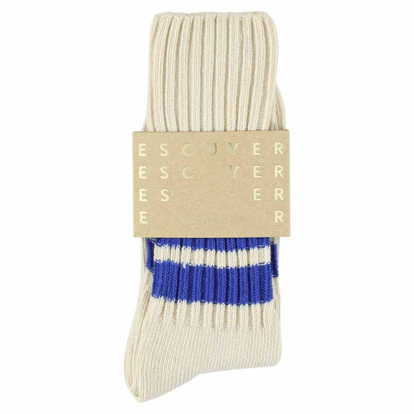 Escuyer Stripes Crew Socks - Ecru / Bright Blue