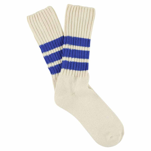 Escuyer Stripes Crew Socks - Ecru / Bright Blue