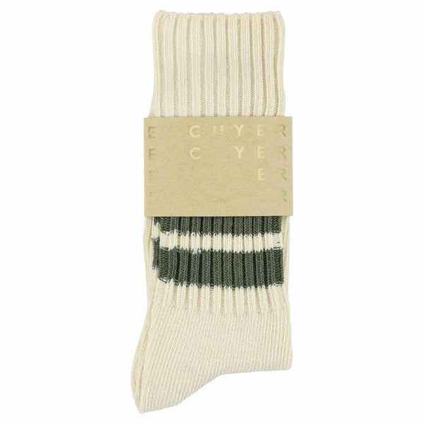 Escuyer Stripes Crew Socks - Ecru / Khaki