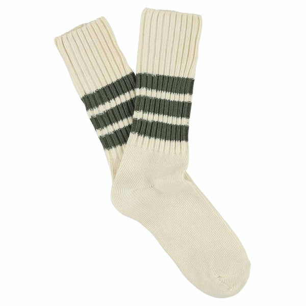 Escuyer Stripes Crew Socks - Ecru / Khaki
