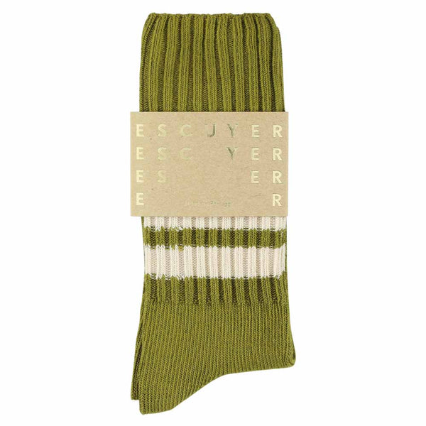 Escuyer Stripes Crew Socks - Ecru Olive / Ecru