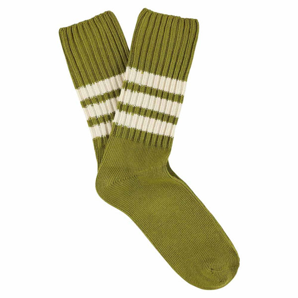 Escuyer Stripes Crew Socks - Ecru Olive / Ecru