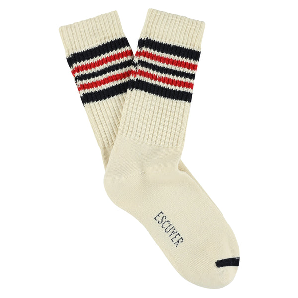 Escuyer Women 5 Stripes Socks - Ecru / Blue / Red