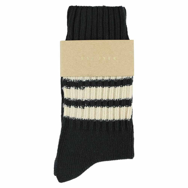 Escuyer Women Stripes Crew Socks - Black / Ecru