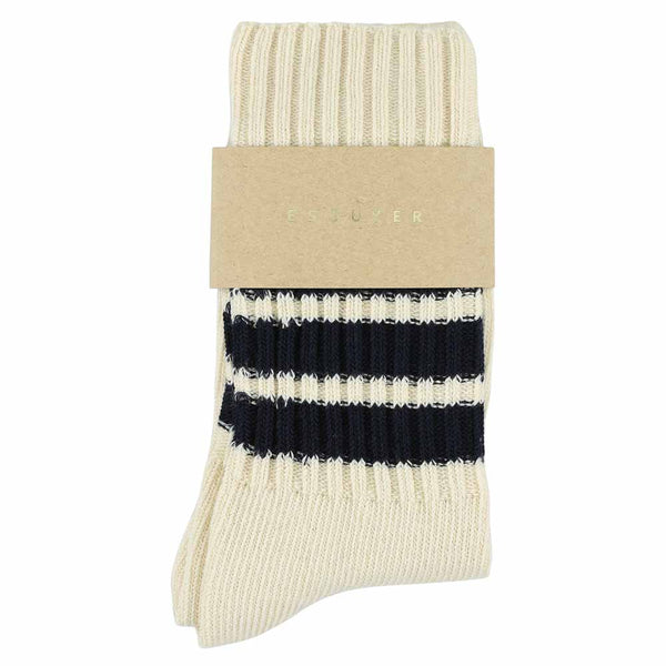 Escuyer Women Stripes Crew Socks - Ecru / Blue