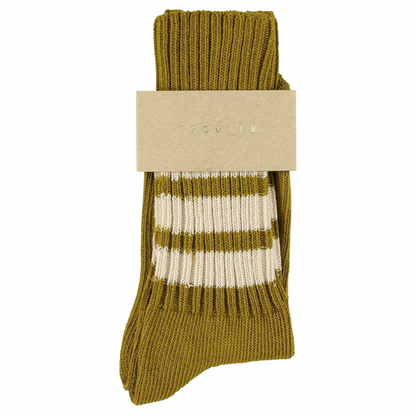 Escuyer Women Stripes Crew Socks - Ecru Olive / Ecru