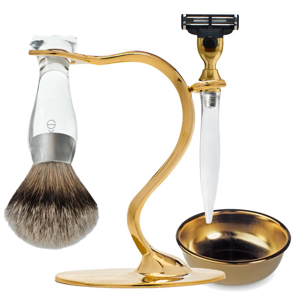 eshave S Stand Gold Shaving Set Silvertip Badger Brush/ 3 Blade Razor Clear with bowl