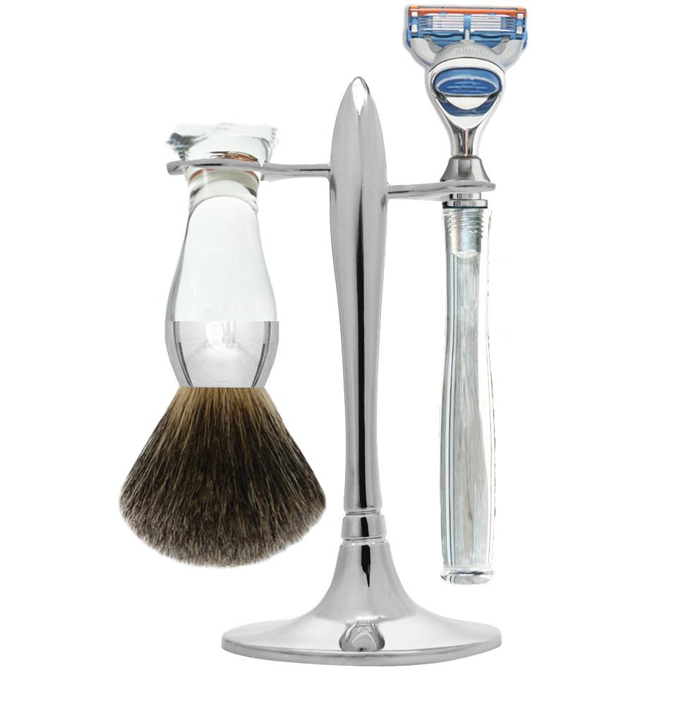 eshave T Stand Shaving Set Clear/Nickel Brush Fine Badger with Unique Clear Razor One of the Kind Collection