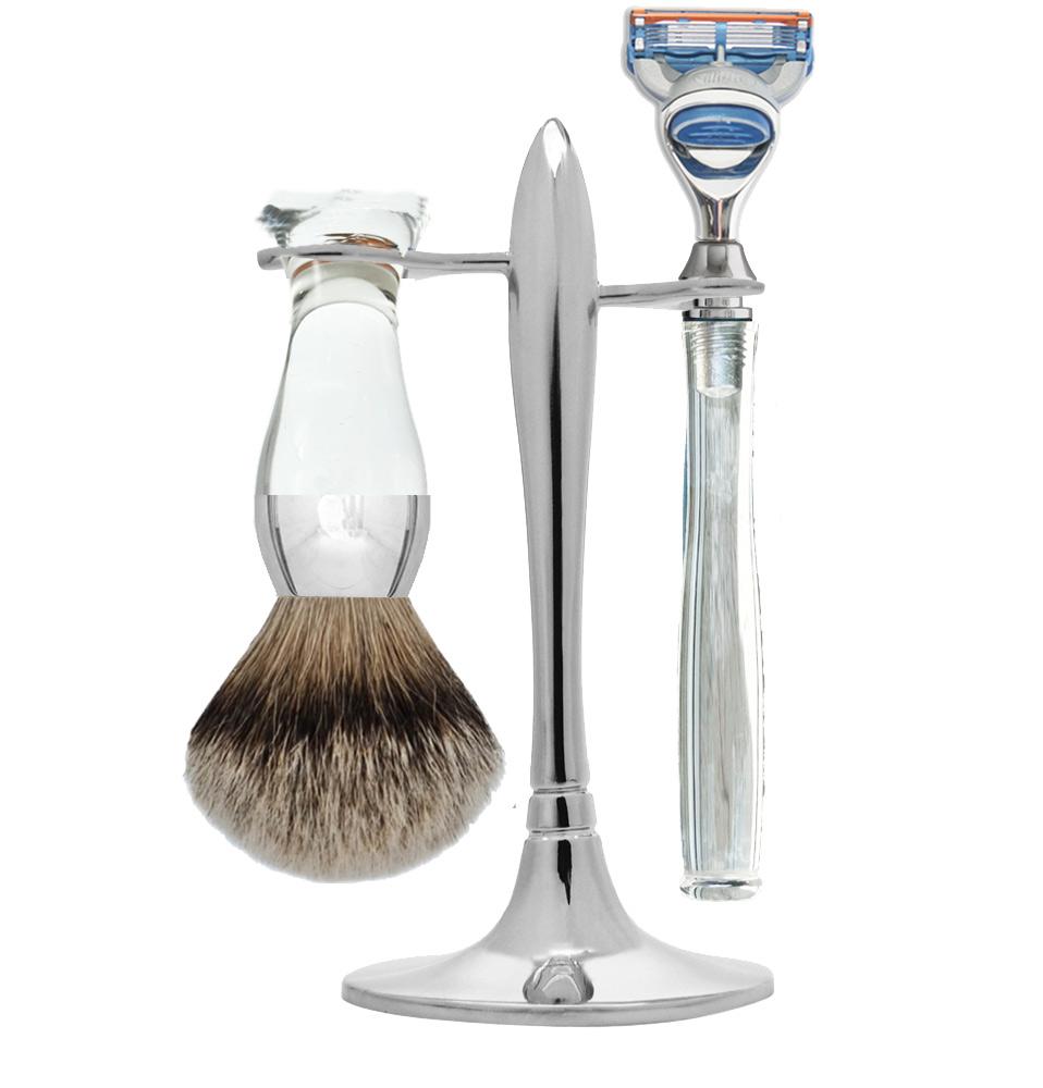 eshave T Stand Shaving Set Clear/Nickel Brush Silvertip with Unique Clear Razor One of the Kind Collection (Reg $295)