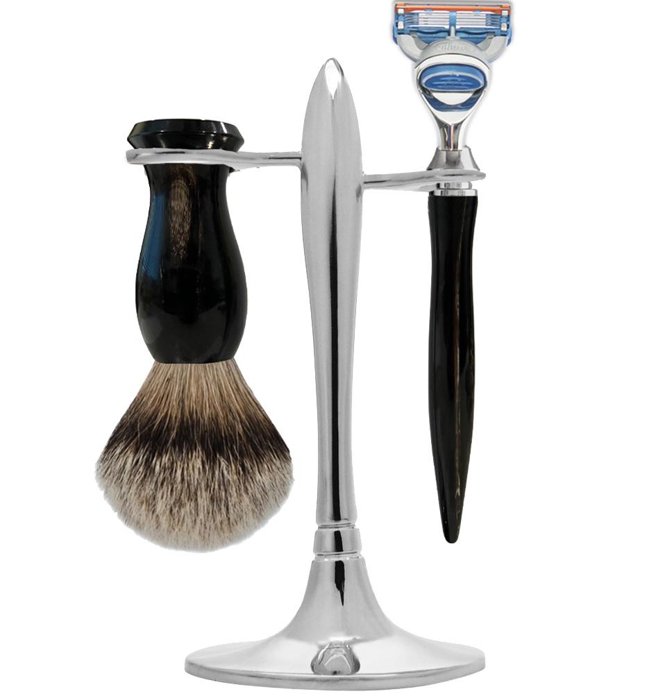 eshave T Stand Shaving Set Natural Buffalo Horn Handle with Silvertip Badger Hair Shaving Brush One of the Kind Collection