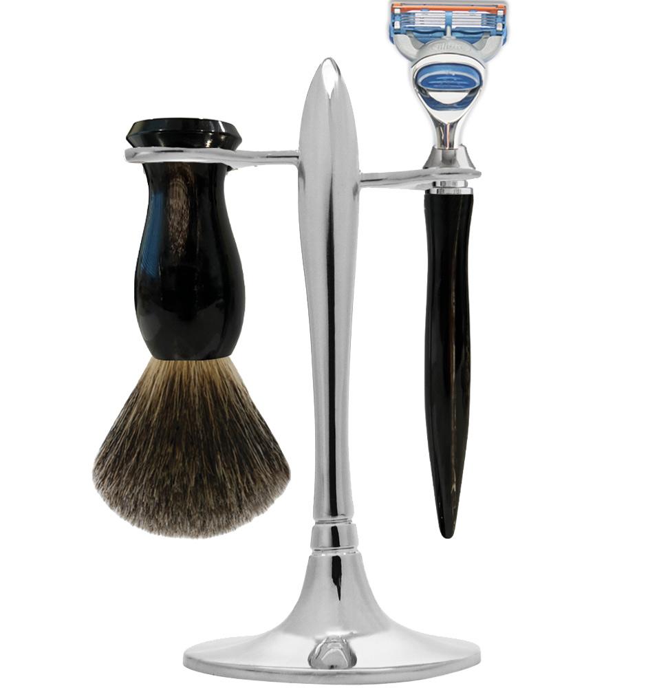 eshave T Stand Shaving Set Natural Buffalo Horn Handle with Fine Badger Hair Shaving Brush One of the Kind Collection
