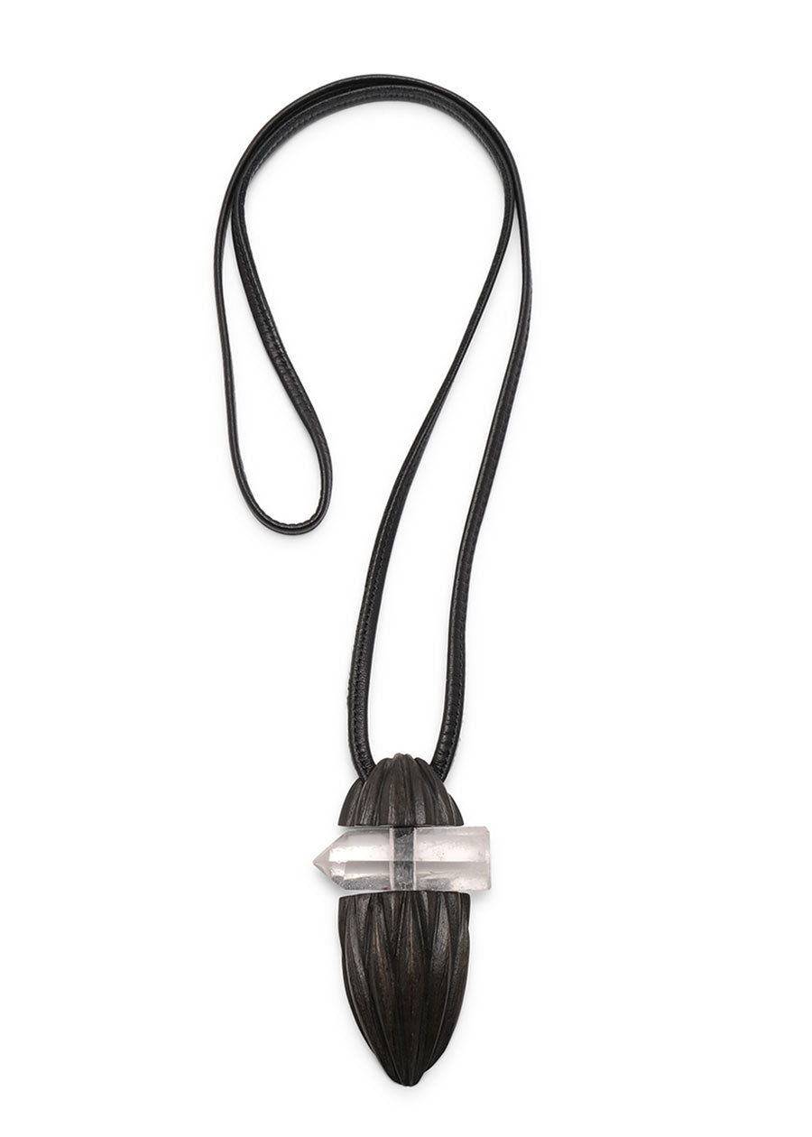 eskandar carved kamagong wood oval pendant with rough crystal insert