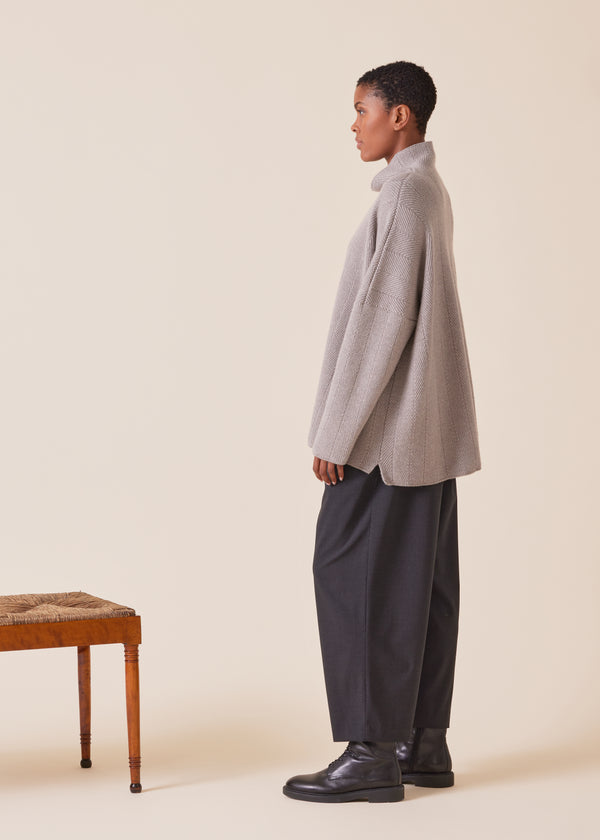 Eskandar Cashmere 3/4 Width Longer Back Funnel Neck Sweater - Mid