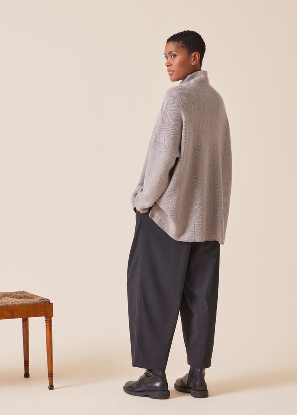 Eskandar Cashmere 3/4 Width Longer Back Funnel Neck Sweater - Mid